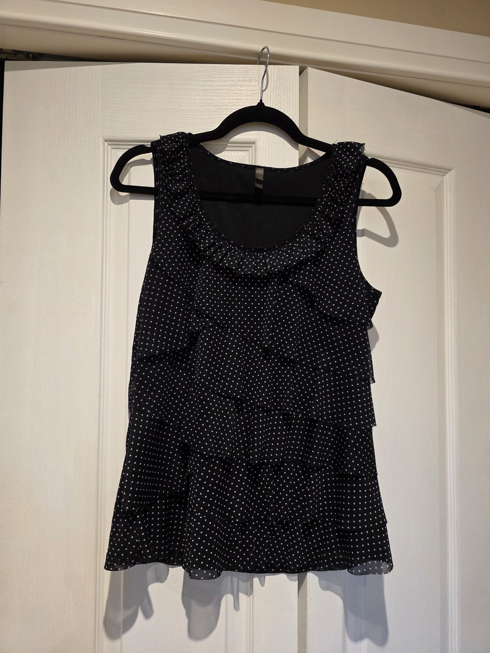 Denver Hayes Black Polka Dot Ruffle Tank Top
